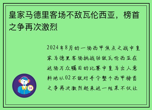 皇家马德里客场不敌瓦伦西亚，榜首之争再次激烈